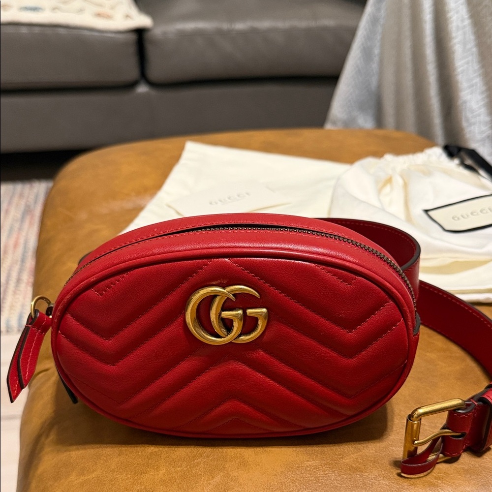 Gucci Red Quilted GG Leather Crossbody Belt Bag AUTHENTIC